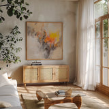 Tangerine Glow by Silvia Vassileva. Shown in a natural wood frame in a cozy modern living room. Available as an archival giclee rolled canvas, fine art paper, or poster print. SKU 86368a.