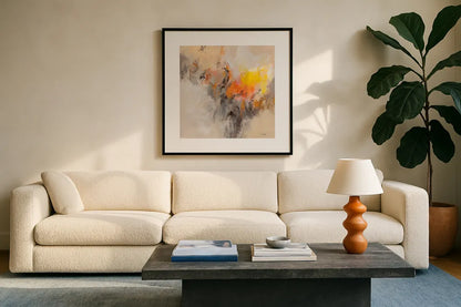 Tangerine Glow by Silvia Vassileva. Displayed in a glass frame with matte in a clean modern living room. Available as an archival giclee rolled canvas, fine art paper, or poster print. SKU 86368a.