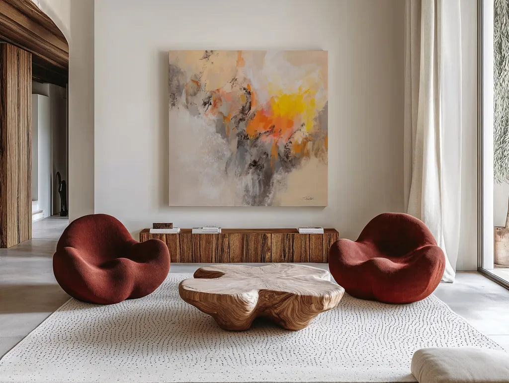 Tangerine Glow by Silvia Vassileva. Shown as extra-large giant wall art in a modern living room. Available as an archival giclee rolled canvas, fine art paper, or poster print. SKU 86368a.