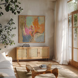 Tangerine Gold Mid Mod by Silvia Vassileva. Shown in a natural wood frame in a cozy modern living room. Available as an archival giclee rolled canvas, fine art paper, or poster print. SKU 65600a.