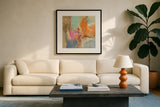 Tangerine Gold Mid Mod by Silvia Vassileva. Displayed in a glass frame with matte in a clean modern living room. Available as an archival giclee rolled canvas, fine art paper, or poster print. SKU 65600a.