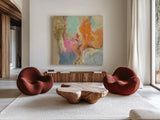 Tangerine Gold Mid Mod by Silvia Vassileva. Shown as extra-large giant wall art in a modern living room. Available as an archival giclee rolled canvas, fine art paper, or poster print. SKU 65600a.