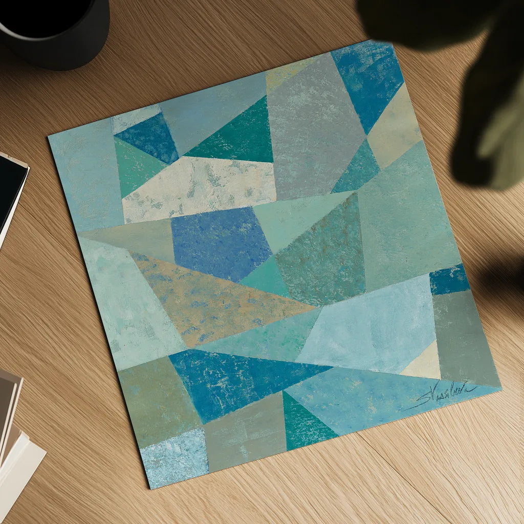 Teal Geo Metric by Silvia Vassileva. Shown as a detailed flat fine art print, highlighting archival giclee quality. Available as an archival giclee rolled canvas, fine art paper, or poster print. SKU 23836a.