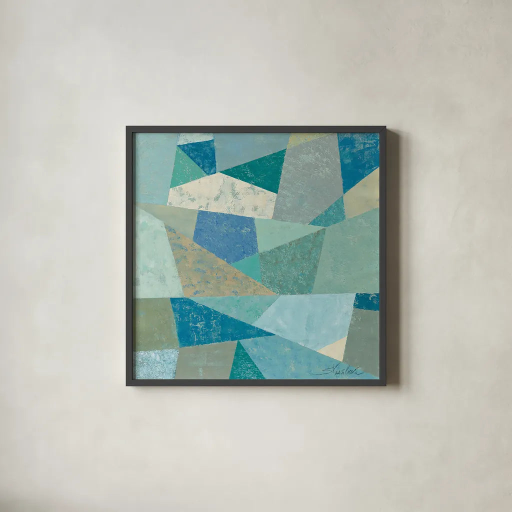 Teal Geo Metric by Silvia Vassileva. Shown in a sleek black glass frame for a contemporary gallery look. Available as an archival giclee rolled canvas, fine art paper, or poster print. SKU 23836a.