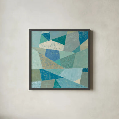 Teal Geo Metric by Silvia Vassileva. Shown in a sleek black glass frame for a contemporary gallery look. Available as an archival giclee rolled canvas, fine art paper, or poster print. SKU 23836a.