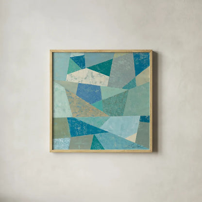 Teal Geo Metric by Silvia Vassileva. Shown in a natural wood glass frame for a timeless modern aesthetic. Available as an archival giclee rolled canvas, fine art paper, or poster print. SKU 23836a.