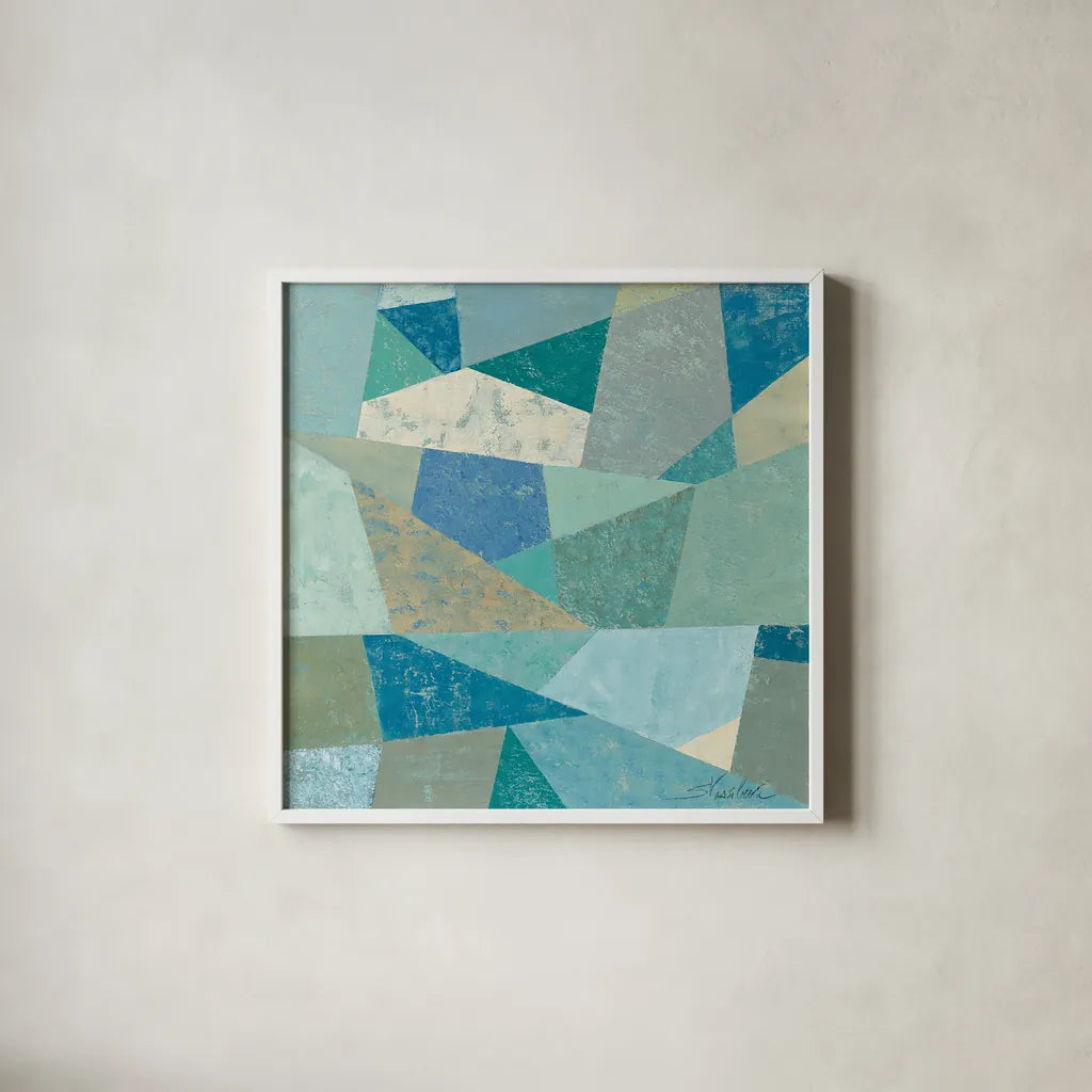 Teal Geo Metric by Silvia Vassileva. Shown in a crisp white glass frame for a clean and minimalist style. Available as an archival giclee rolled canvas, fine art paper, or poster print. SKU 23836a.