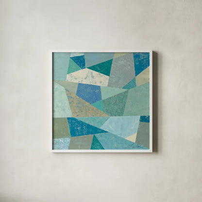 Teal Geo Metric by Silvia Vassileva. Shown in a crisp white glass frame for a clean and minimalist style. Available as an archival giclee rolled canvas, fine art paper, or poster print. SKU 23836a.