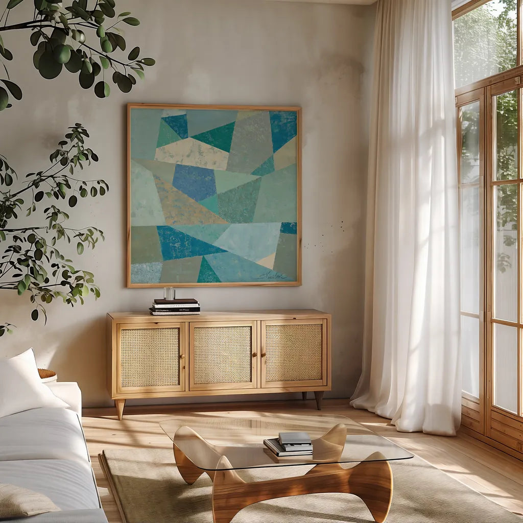 Teal Geo Metric by Silvia Vassileva. Shown in a natural wood frame in a cozy modern living room. Available as an archival giclee rolled canvas, fine art paper, or poster print. SKU 23836a.