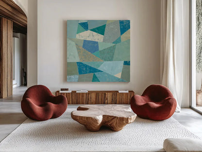 Teal Geo Metric by Silvia Vassileva. Shown as extra-large giant wall art in a modern living room. Available as an archival giclee rolled canvas, fine art paper, or poster print. SKU 23836a.