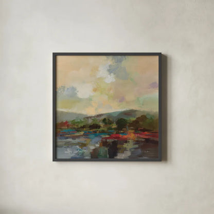 Teal Lake by Silvia Vassileva. Shown in a sleek black glass frame for a contemporary gallery look. Available as an archival giclee rolled canvas, fine art paper, or poster print. SKU 95715a.