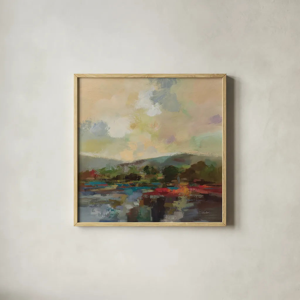 Teal Lake by Silvia Vassileva. Shown in a natural wood glass frame for a timeless modern aesthetic. Available as an archival giclee rolled canvas, fine art paper, or poster print. SKU 95715a.