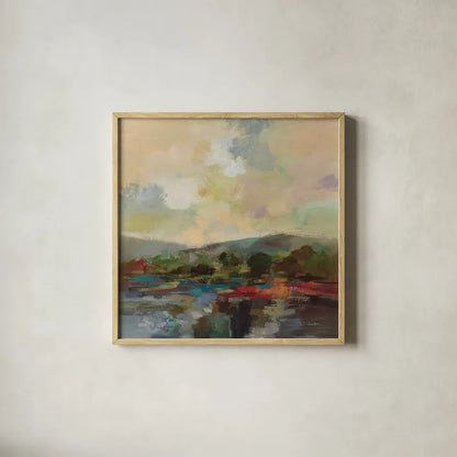 Teal Lake by Silvia Vassileva. Shown in a natural wood glass frame for a timeless modern aesthetic. Available as an archival giclee rolled canvas, fine art paper, or poster print. SKU 95715a.