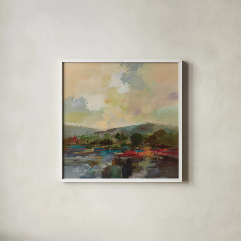 Teal Lake by Silvia Vassileva. Shown in a crisp white glass frame for a clean and minimalist style. Available as an archival giclee rolled canvas, fine art paper, or poster print. SKU 95715a.