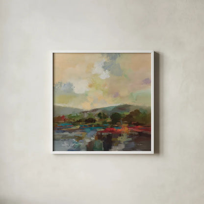 Teal Lake by Silvia Vassileva. Shown in a crisp white glass frame for a clean and minimalist style. Available as an archival giclee rolled canvas, fine art paper, or poster print. SKU 95715a.