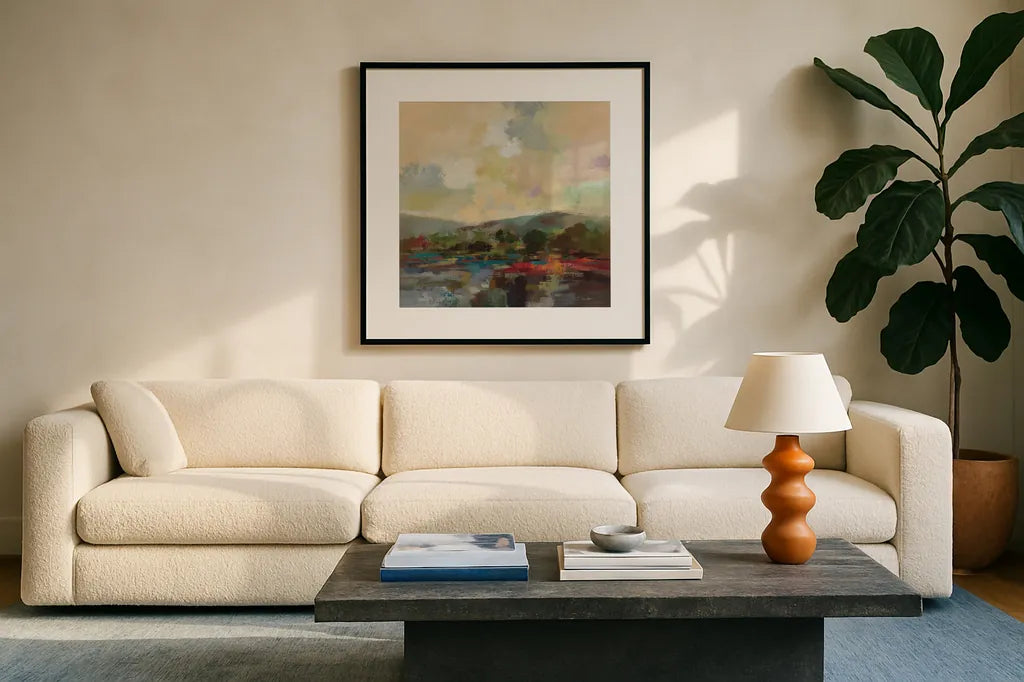 Teal Lake by Silvia Vassileva. Displayed in a glass frame with matte in a clean modern living room. Available as an archival giclee rolled canvas, fine art paper, or poster print. SKU 95715a.