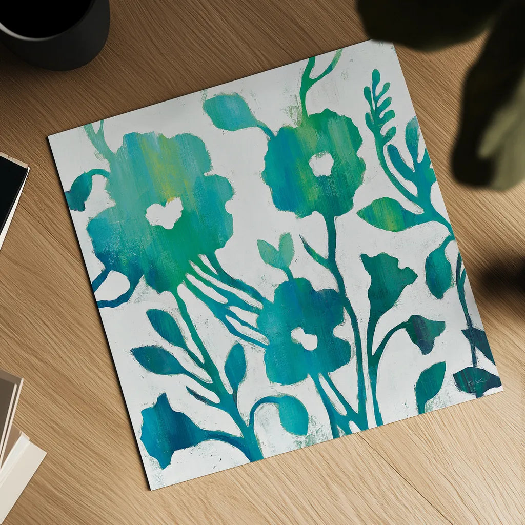 Teal Trio IV on White by Silvia Vassileva. Shown as a detailed flat fine art print, highlighting archival giclee quality. Available as an archival giclee rolled canvas, fine art paper, or poster print. SKU 24038a.