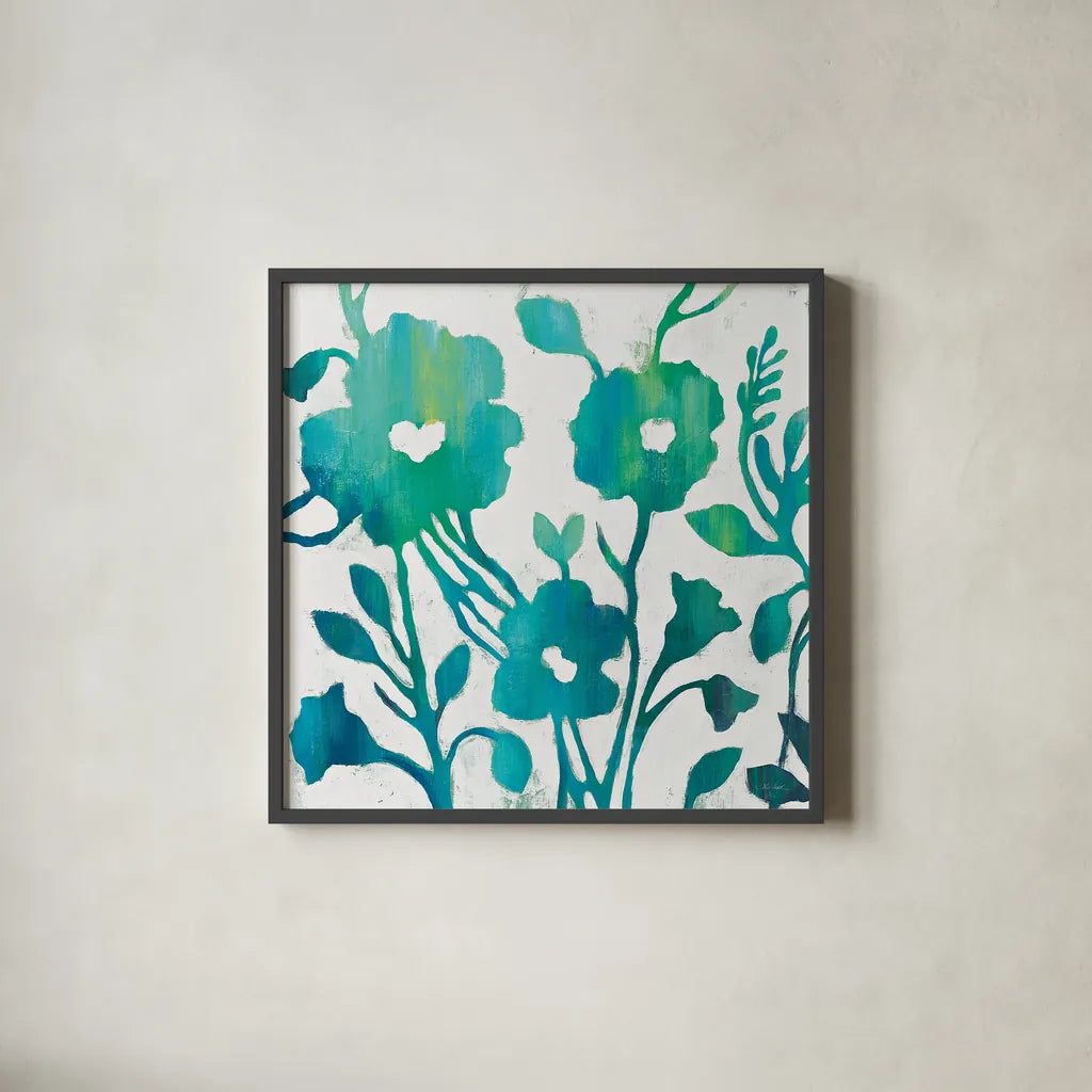 Teal Trio IV on White by Silvia Vassileva. Shown in a sleek black glass frame for a contemporary gallery look. Available as an archival giclee rolled canvas, fine art paper, or poster print. SKU 24038a.
