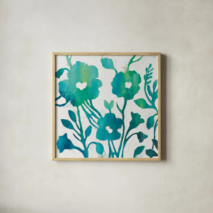 Teal Trio IV on White by Silvia Vassileva. Shown in a natural wood glass frame for a timeless modern aesthetic. Available as an archival giclee rolled canvas, fine art paper, or poster print. SKU 24038a.