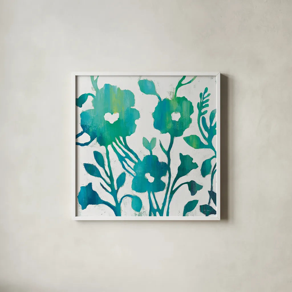 Teal Trio IV on White by Silvia Vassileva. Shown in a crisp white glass frame for a clean and minimalist style. Available as an archival giclee rolled canvas, fine art paper, or poster print. SKU 24038a.