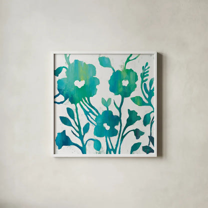 Teal Trio IV on White by Silvia Vassileva. Shown in a crisp white glass frame for a clean and minimalist style. Available as an archival giclee rolled canvas, fine art paper, or poster print. SKU 24038a.