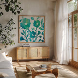 Teal Trio IV on White by Silvia Vassileva. Shown in a natural wood frame in a cozy modern living room. Available as an archival giclee rolled canvas, fine art paper, or poster print. SKU 24038a.