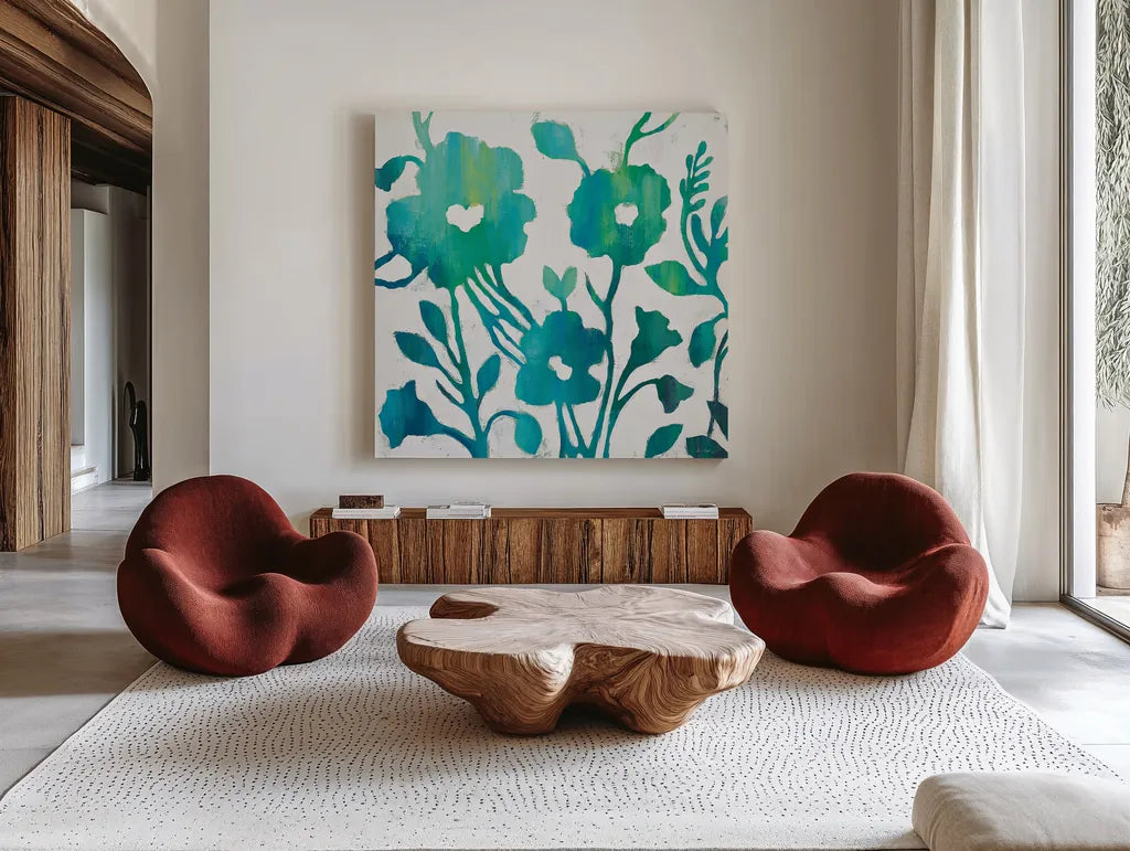 Teal Trio IV on White by Silvia Vassileva. Shown as extra-large giant wall art in a modern living room. Available as an archival giclee rolled canvas, fine art paper, or poster print. SKU 24038a.