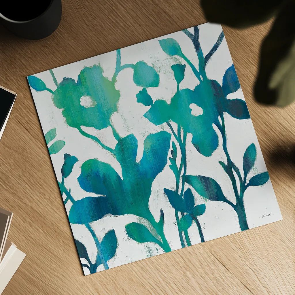 Teal Trio V on White by Silvia Vassileva. Shown as a detailed flat fine art print, highlighting archival giclee quality. Available as an archival giclee rolled canvas, fine art paper, or poster print. SKU 24039a.