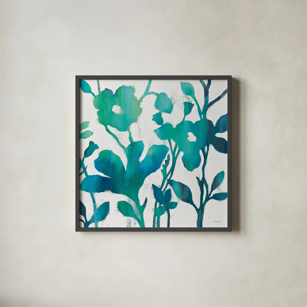 Teal Trio V on White by Silvia Vassileva. Shown in a sleek black glass frame for a contemporary gallery look. Available as an archival giclee rolled canvas, fine art paper, or poster print. SKU 24039a.