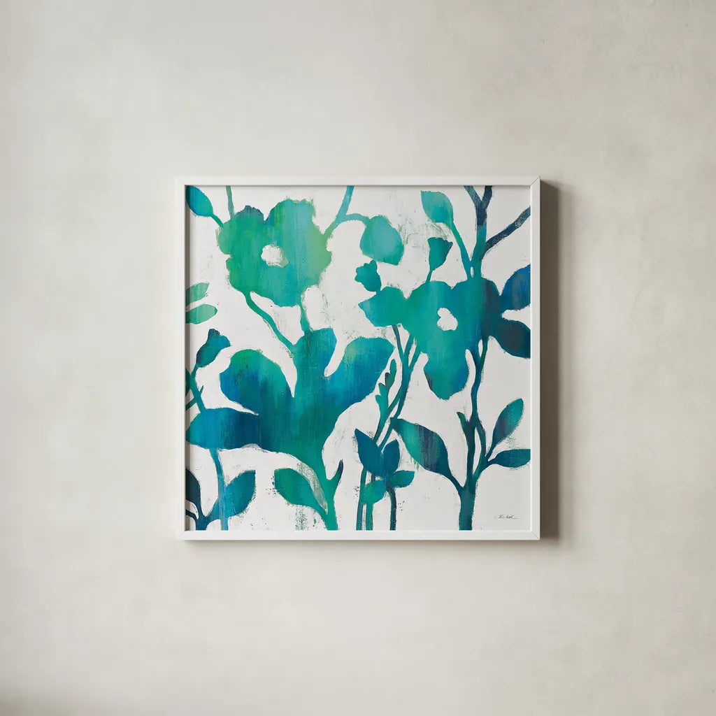 Teal Trio V on White by Silvia Vassileva. Shown in a crisp white glass frame for a clean and minimalist style. Available as an archival giclee rolled canvas, fine art paper, or poster print. SKU 24039a.
