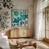 Teal Trio V on White by Silvia Vassileva. Shown in a natural wood frame in a cozy modern living room. Available as an archival giclee rolled canvas, fine art paper, or poster print. SKU 24039a.