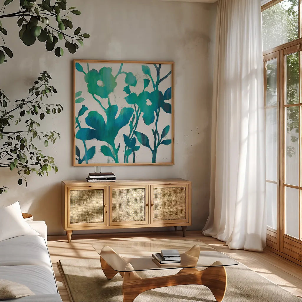 Teal Trio V on White by Silvia Vassileva. Shown in a natural wood frame in a cozy modern living room. Available as an archival giclee rolled canvas, fine art paper, or poster print. SKU 24039a.