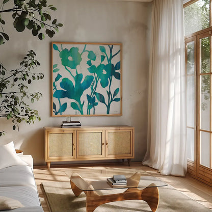 Teal Trio V on White by Silvia Vassileva. Shown in a natural wood frame in a cozy modern living room. Available as an archival giclee rolled canvas, fine art paper, or poster print. SKU 24039a.