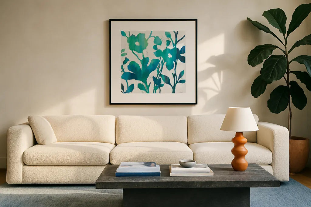 Teal Trio V on White by Silvia Vassileva. Displayed in a glass frame with matte in a clean modern living room. Available as an archival giclee rolled canvas, fine art paper, or poster print. SKU 24039a.