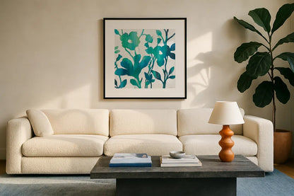 Teal Trio V on White by Silvia Vassileva. Displayed in a glass frame with matte in a clean modern living room. Available as an archival giclee rolled canvas, fine art paper, or poster print. SKU 24039a.