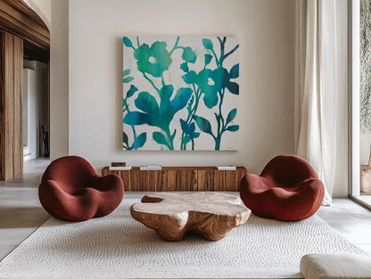 Teal Trio V on White by Silvia Vassileva. Shown as extra-large giant wall art in a modern living room. Available as an archival giclee rolled canvas, fine art paper, or poster print. SKU 24039a.