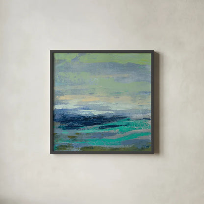 Teal Wave I by Silvia Vassileva. Shown in a sleek black glass frame for a contemporary gallery look. Available as an archival giclee rolled canvas, fine art paper, or poster print. SKU 42185a.