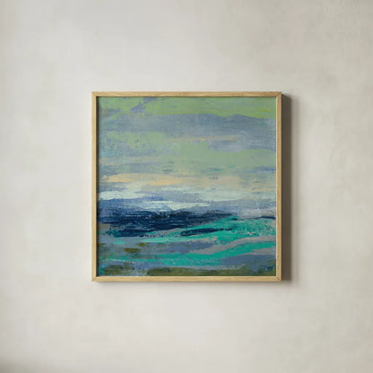 Teal Wave I by Silvia Vassileva. Shown in a natural wood glass frame for a timeless modern aesthetic. Available as an archival giclee rolled canvas, fine art paper, or poster print. SKU 42185a.