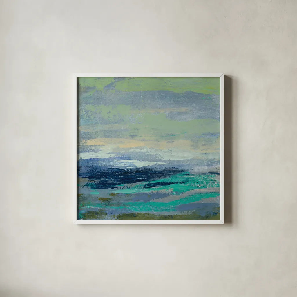 Teal Wave I by Silvia Vassileva. Shown in a crisp white glass frame for a clean and minimalist style. Available as an archival giclee rolled canvas, fine art paper, or poster print. SKU 42185a.
