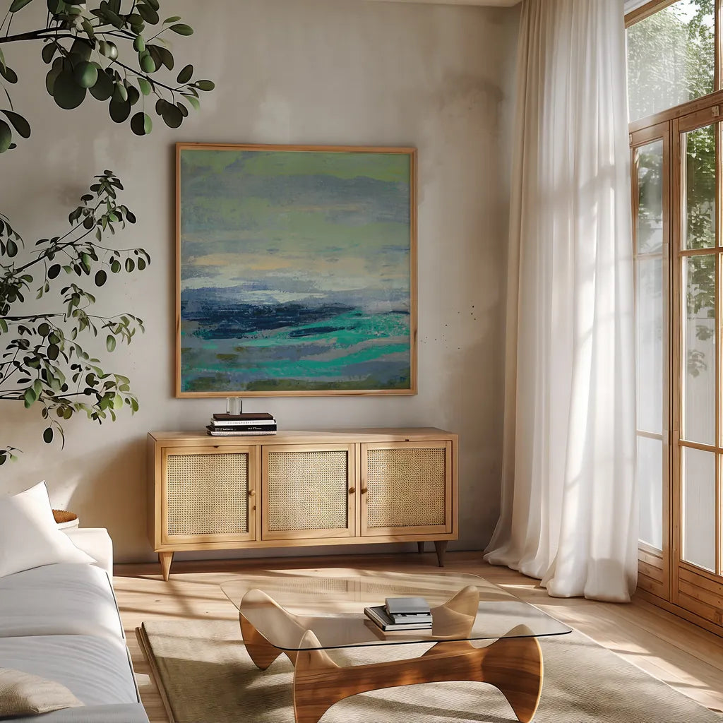 Teal Wave I by Silvia Vassileva. Shown in a natural wood frame in a cozy modern living room. Available as an archival giclee rolled canvas, fine art paper, or poster print. SKU 42185a.