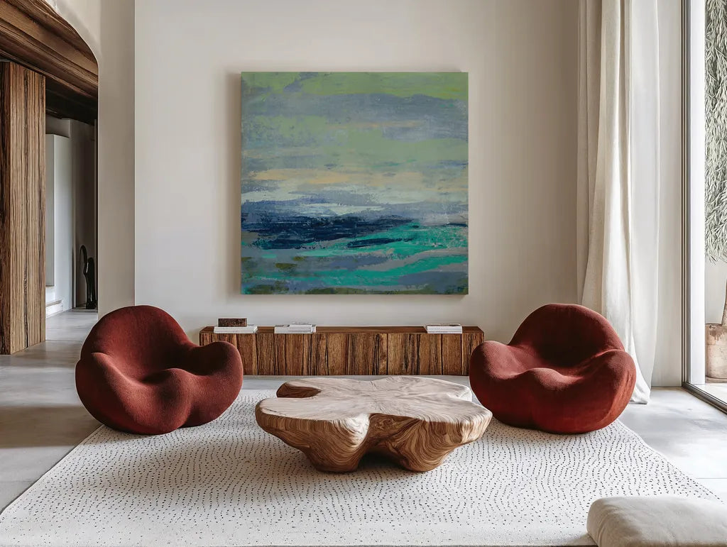 Teal Wave I by Silvia Vassileva. Shown as extra-large giant wall art in a modern living room. Available as an archival giclee rolled canvas, fine art paper, or poster print. SKU 42185a.
