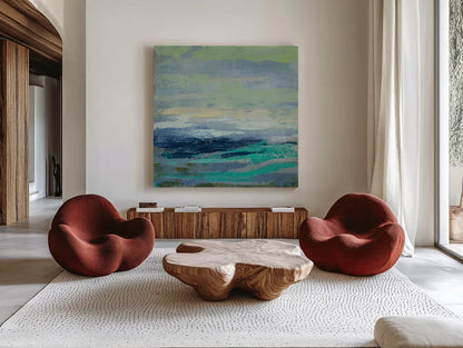 Teal Wave I by Silvia Vassileva. Shown as extra-large giant wall art in a modern living room. Available as an archival giclee rolled canvas, fine art paper, or poster print. SKU 42185a.