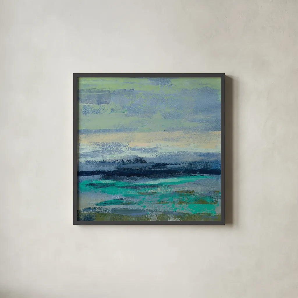 Teal Wave II by Silvia Vassileva. Shown in a sleek black glass frame for a contemporary gallery look. Available as an archival giclee rolled canvas, fine art paper, or poster print. SKU 42186a.