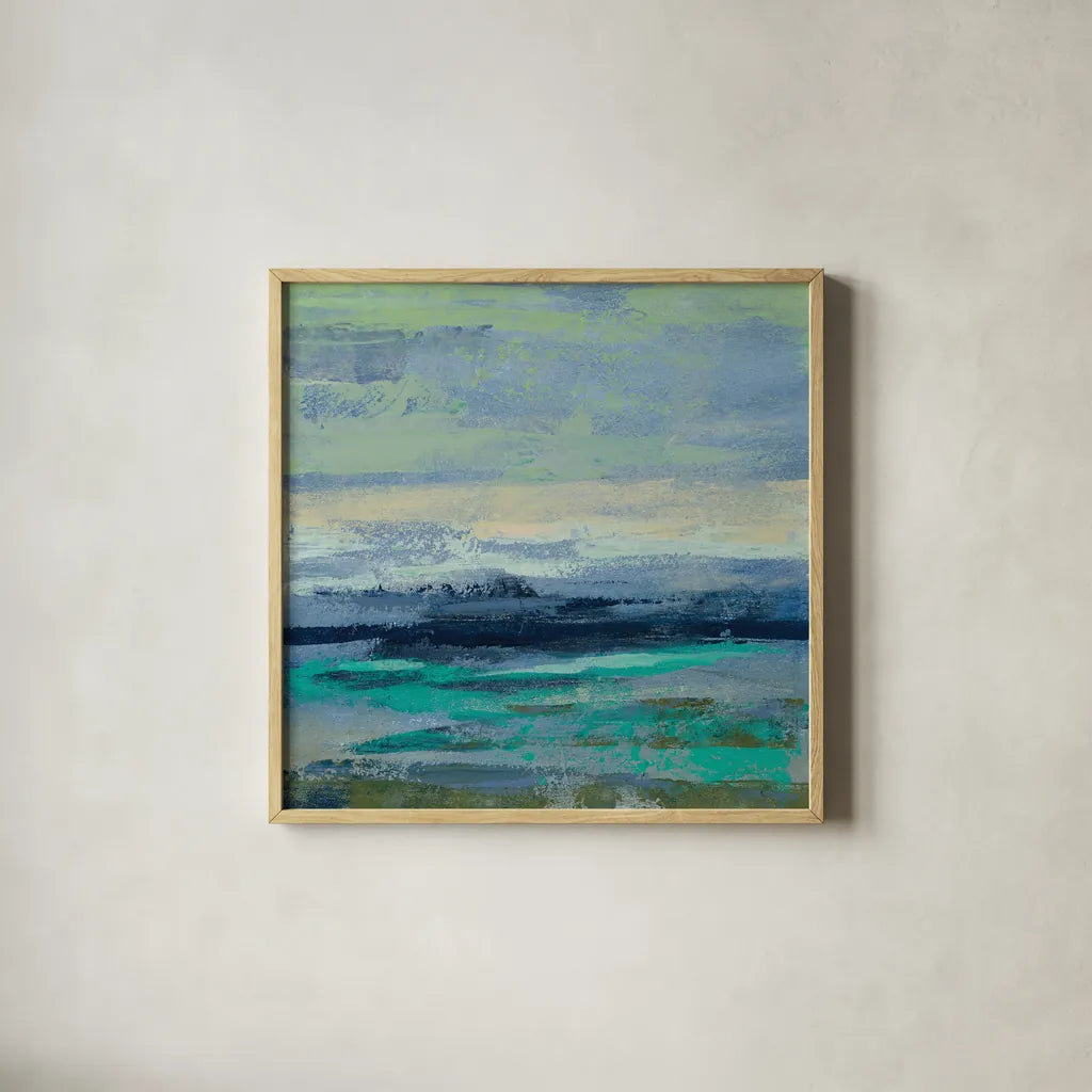 Teal Wave II by Silvia Vassileva. Shown in a natural wood glass frame for a timeless modern aesthetic. Available as an archival giclee rolled canvas, fine art paper, or poster print. SKU 42186a.