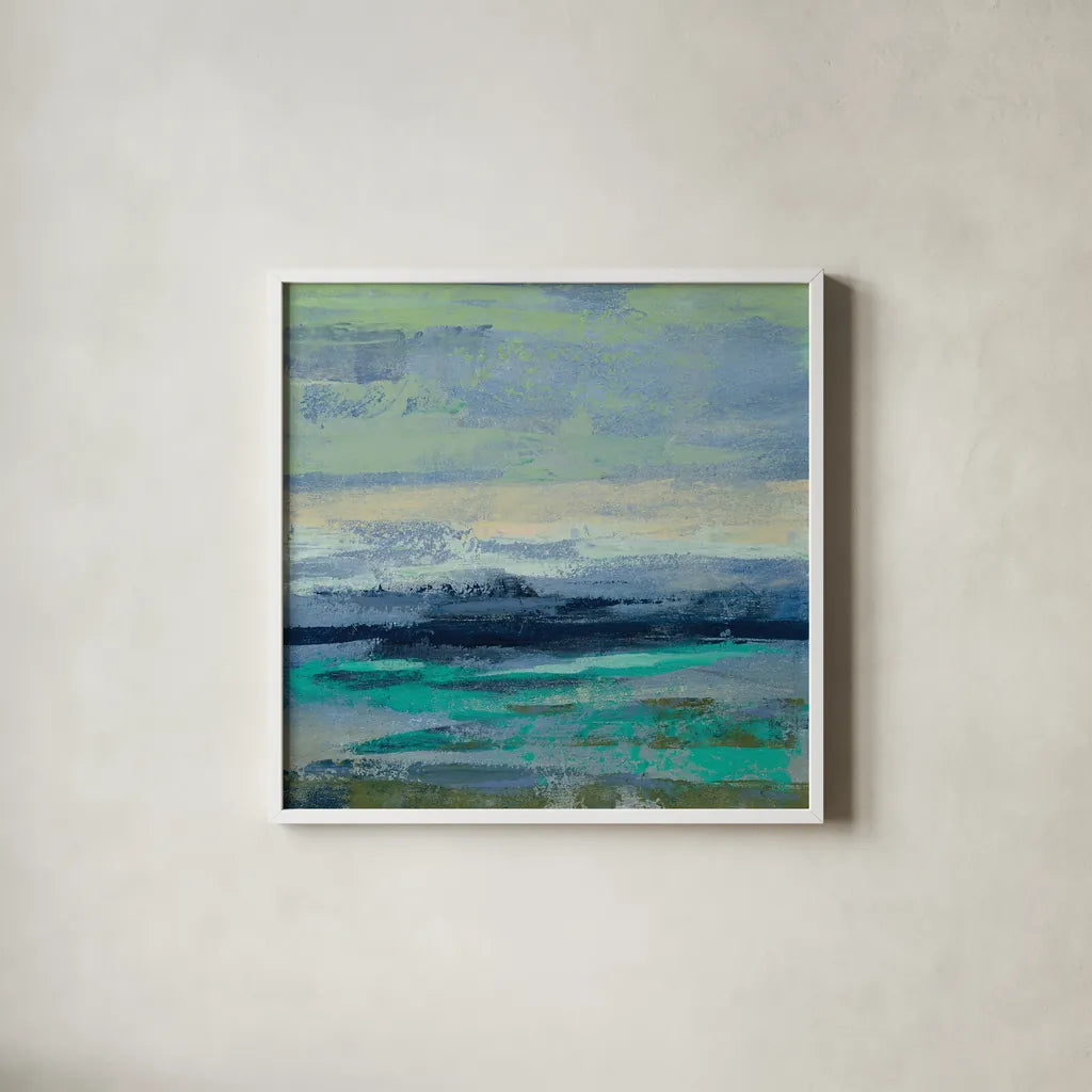 Teal Wave II by Silvia Vassileva. Shown in a crisp white glass frame for a clean and minimalist style. Available as an archival giclee rolled canvas, fine art paper, or poster print. SKU 42186a.