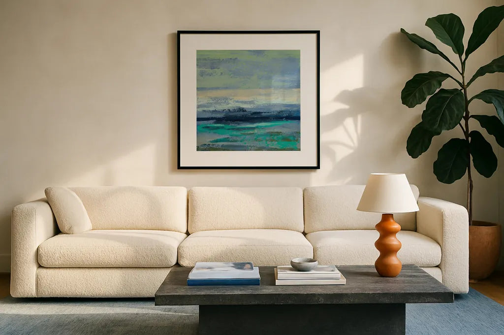 Teal Wave II by Silvia Vassileva. Displayed in a glass frame with matte in a clean modern living room. Available as an archival giclee rolled canvas, fine art paper, or poster print. SKU 42186a.