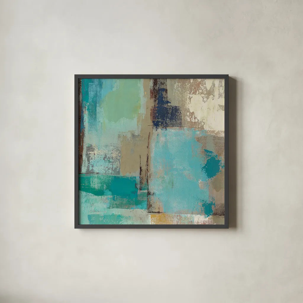 Teal and Aqua Reflections II by Silvia Vassileva. Shown in a sleek black glass frame for a contemporary gallery look. Available as an archival giclee rolled canvas, fine art paper, or poster print. SKU 77944a.