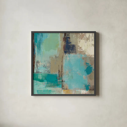 Teal and Aqua Reflections II by Silvia Vassileva. Shown in a sleek black glass frame for a contemporary gallery look. Available as an archival giclee rolled canvas, fine art paper, or poster print. SKU 77944a.