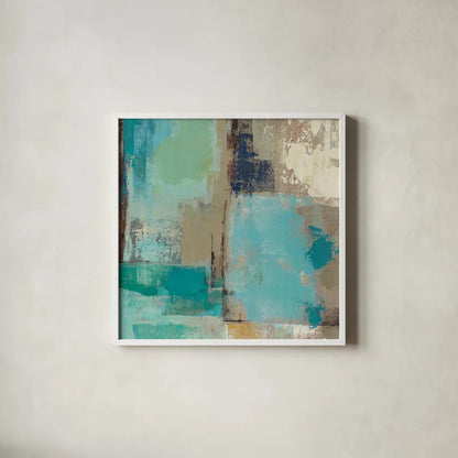 Teal and Aqua Reflections II by Silvia Vassileva. Shown in a crisp white glass frame for a clean and minimalist style. Available as an archival giclee rolled canvas, fine art paper, or poster print. SKU 77944a.