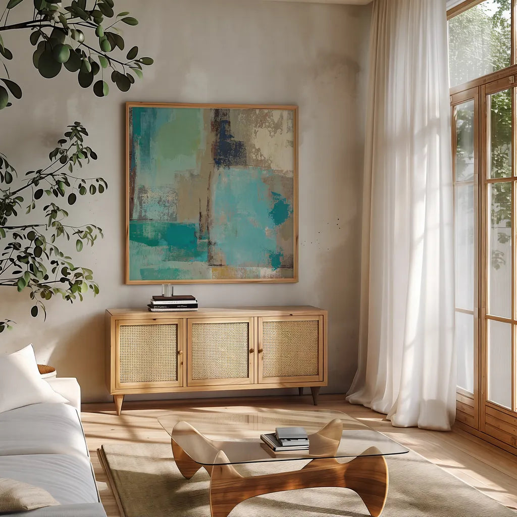 Teal and Aqua Reflections II by Silvia Vassileva. Shown in a natural wood frame in a cozy modern living room. Available as an archival giclee rolled canvas, fine art paper, or poster print. SKU 77944a.